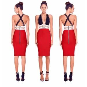 Valiant Paris Studded Embellished Bandage Dress Red/White/Black Small ~ NEW/NWT!